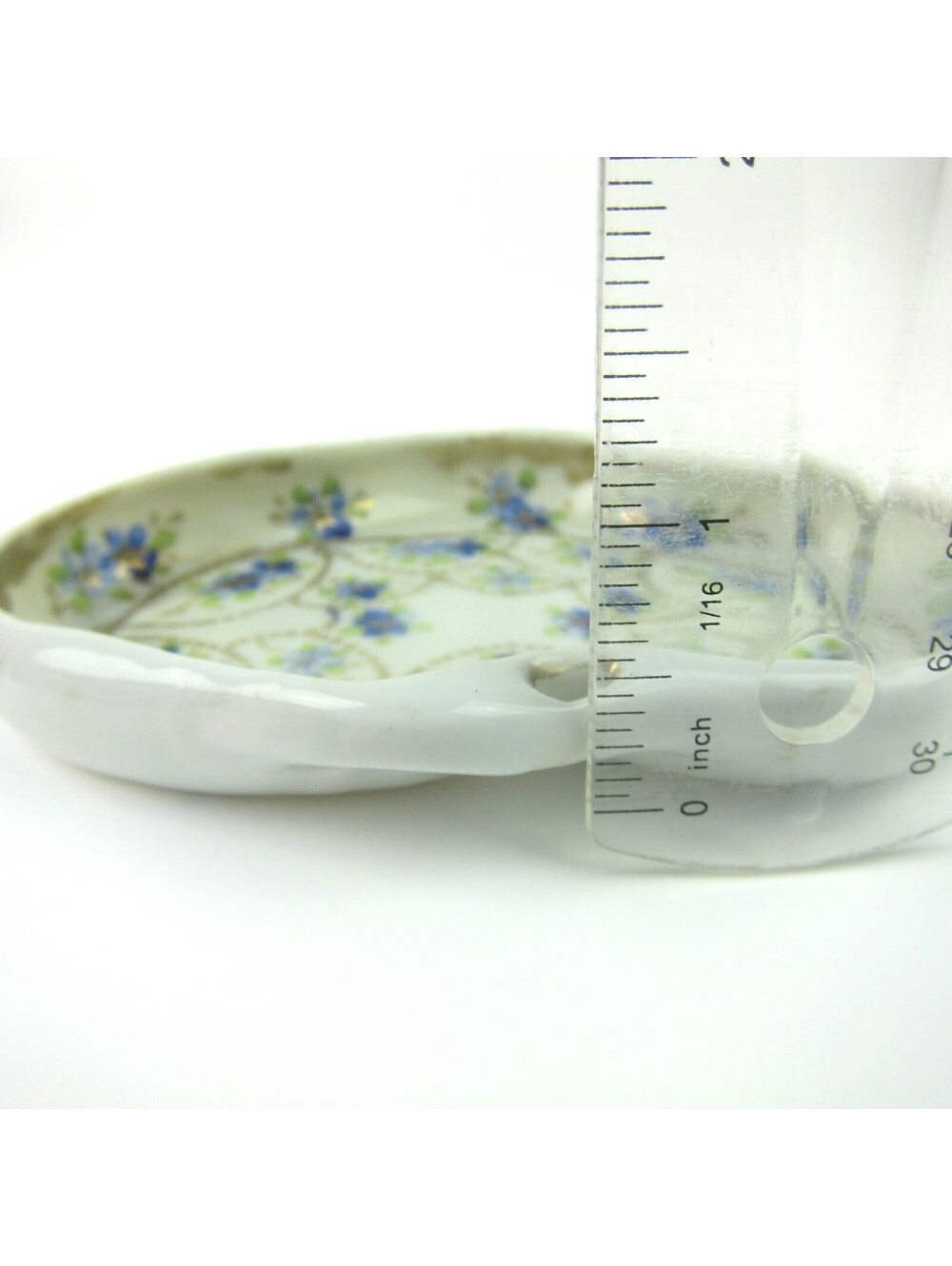 Antique Porcelain Dish Hand Painted Blue Flowers Green Gold Accents Japan Mikado - Picture 12 of 13
